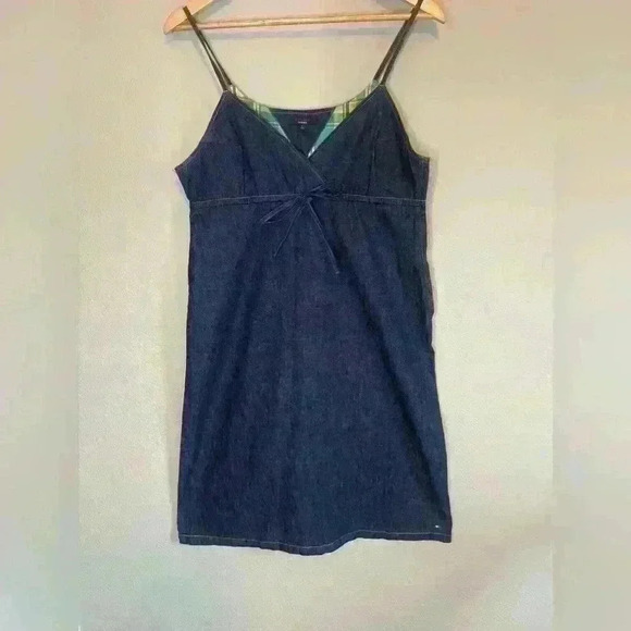 Vintage Tommy Hilfiger Denim Cross V Neck Dress Size Large - Picture 1 of 8